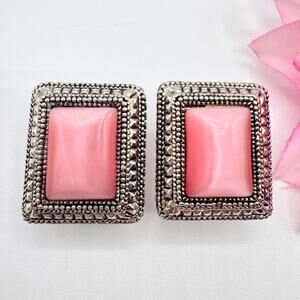 Pink Cat’s Eye Glass Milgrain Bezel Framed Earrings Omega Back Barbiecore Chunky